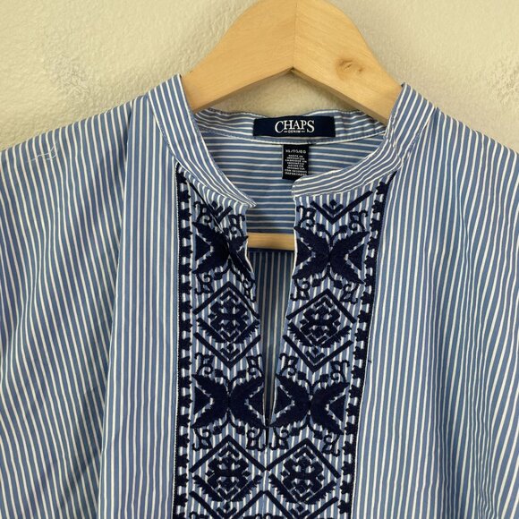 Chaps Womens XL Blue Stripe Long Sleeve Tunic Top With Embroidered Front Shirt - Picture 8 of 9
